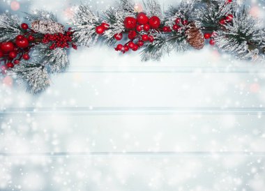 Kış Noel arkaplanı köknar dalları koniler ve mavi ahşap dokuda kar                              