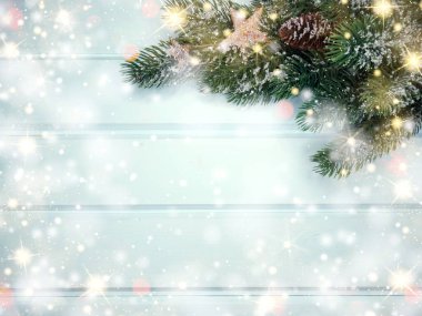 Kış Noel arkaplanı köknar dalları koniler ve mavi ahşap dokuda kar                              