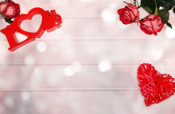 Szerelem Valentin Nap Vörös Rózsa Virágok Fényes Háttér — Stock Fotó