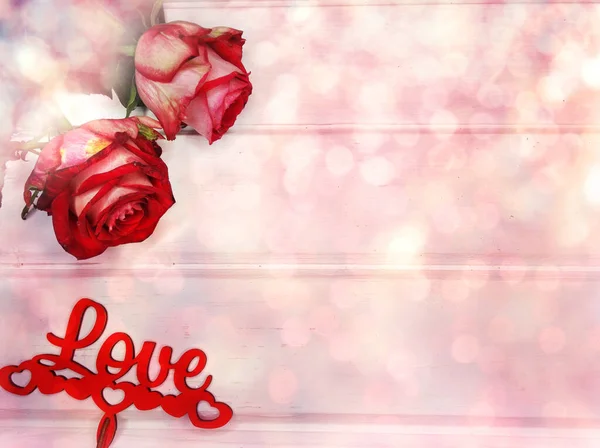 Liefde Valentine Day Met Rode Rozen Bloemen Glanzende Achtergrond — Stockfoto