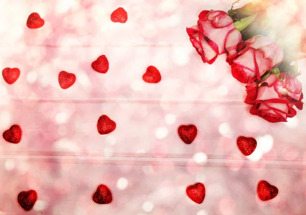 Älskar Alla Hjärtans Dag Med Röda Rosor Blommor Glänsande Bakgrund — Stockfoto