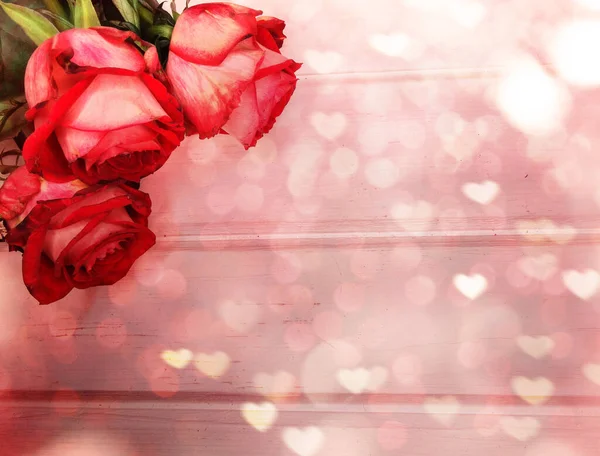 Liefde Valentine Day Met Rode Rozen Bloemen Glanzende Achtergrond Stockafbeelding