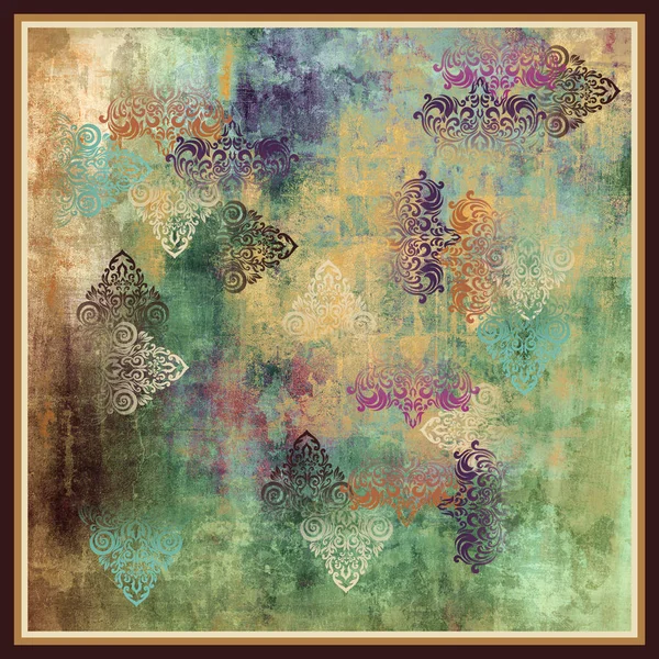 Renkli barok süslemeleri olan soyut ipek eşarp tasarımı