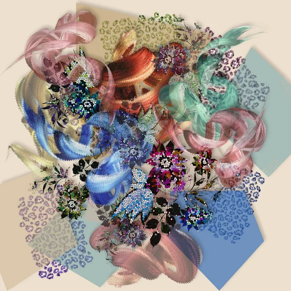 Soyut bahar çiçeği ve renkli ipek eşarp tasarımı