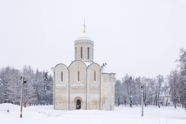 Vladimir, Rusya - 14 Ocak 2022: Selanik Katedrali Demetrius Kışın bulutlu bir günde.