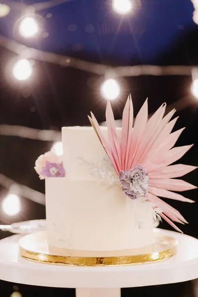 Un maravilloso pastel de bodas para la ceremonia de la noche. Primer plano — Foto de Stock