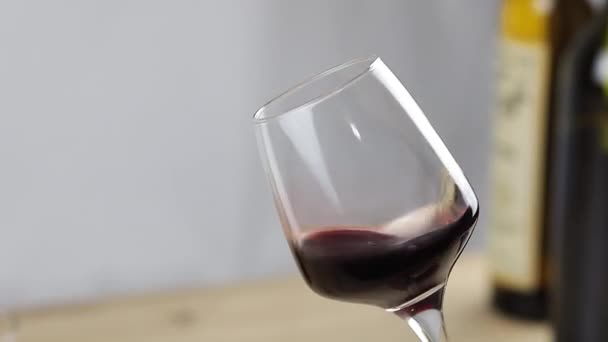 Glass of red wine indoors at wine-tasting event. Close up — Stock Video