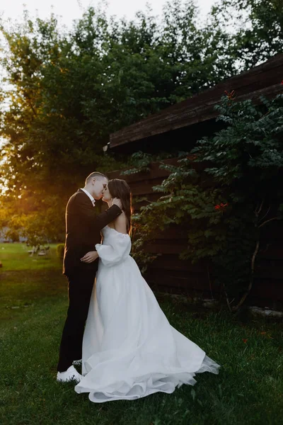 Schöne Braut Und Bräutigam Küssen Sich Bei Sonnenuntergang Vertikales Foto — Stockfoto