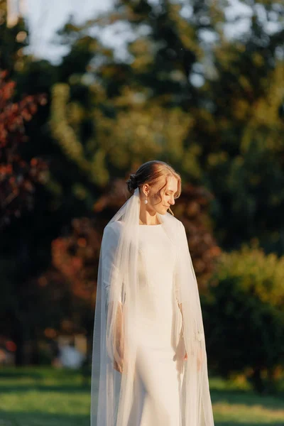 Bild Einer Braut Mit Schleier Bei Sonnenuntergang Schauen Sie Nach — Stockfoto