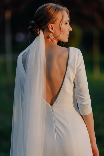 Die Braut Steht Bei Sonnenuntergang Mit Dem Rücken Zur Kamera — Stockfoto