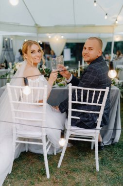 Yeni evliler ziyafet masasının yanına oturur, ellerinde şarap kadehleri tokuşturur ve çimlerde öpüşürler. Yüksek kalite fotoğraf