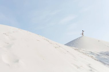  Gelin ve damat bir dağın tepesinde poz veriyor. Mesajınız için yer. Yüksek kalite fotoğraf