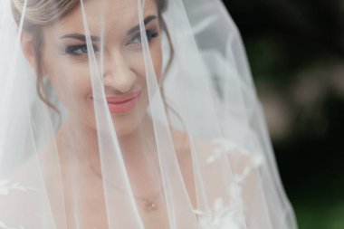 Duvağı olan bir gelin portresi. Beyaz elbiseli gelin başka tarafa bakıyor. Yüksek kalite fotoğraf