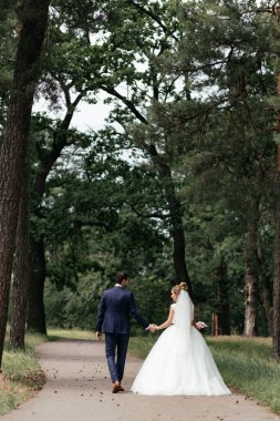 Gelin ve damat bir çam ormanında yürür ve birbirlerine bakarlar. Yüksek kalite fotoğraf