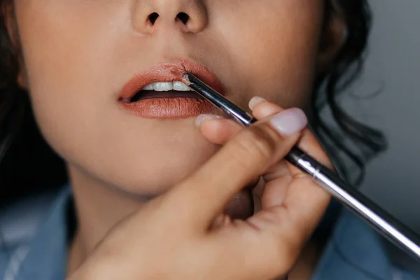 Make Artist Applies Pink Lipstick Beautiful Female Face Hand Makeup — Stock fotografie