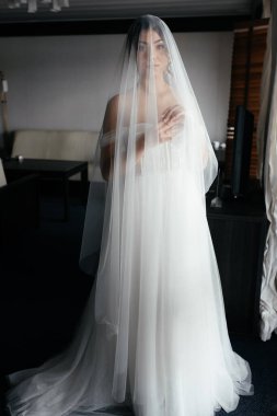 Duvağın altındaki gelin. Şehvetli, güzel genç bir kadın. Gelin pencerenin yanındaki peçenin altında. Dikey fotoğraf. Yüksek kalite fotoğraf