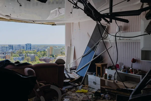 Черниговская Украина 2022 Вид Разрушенной Квартиры Улицу После Воздушного Налета — стоковое фото