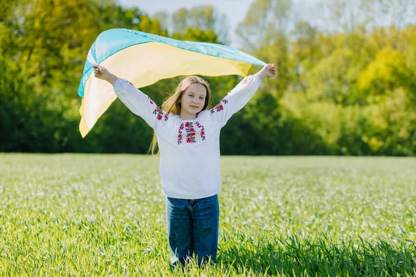 Feliz Niña Ucraniana Sonriente Una Camisa Bordada Con Una Bandera — Foto de Stock