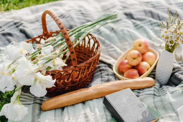 Wicker picnic basket with food and book on gray blanket on grass in park. Picnic concept. Front view. Horizontal composition. High quality photo