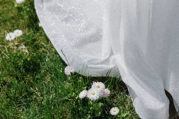 Partie Robe Brillante Blanche Mariée Sur Herbe Verte Avec Des — Photo