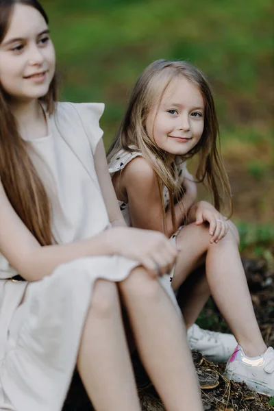 Two Little Girls Summer Dresses Sitting Stump Park One Girl —  Fotos de Stock