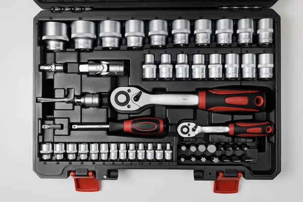 Wrenches Different Sizes Different Hex Heads Black Box White Table — Stock Photo, Image