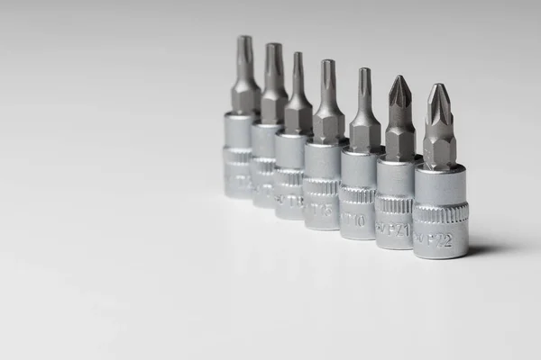 Screwdriver Bits Different Designs Grey Background Copy Space Close High — Stockfoto