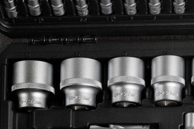 Set of tools for screwdrivers Set of heads and nozzles. Close-up view. High quality photo