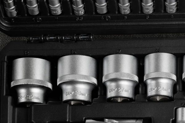 Set of tools for screwdrivers Set of heads and nozzles. Close-up view. High quality photo