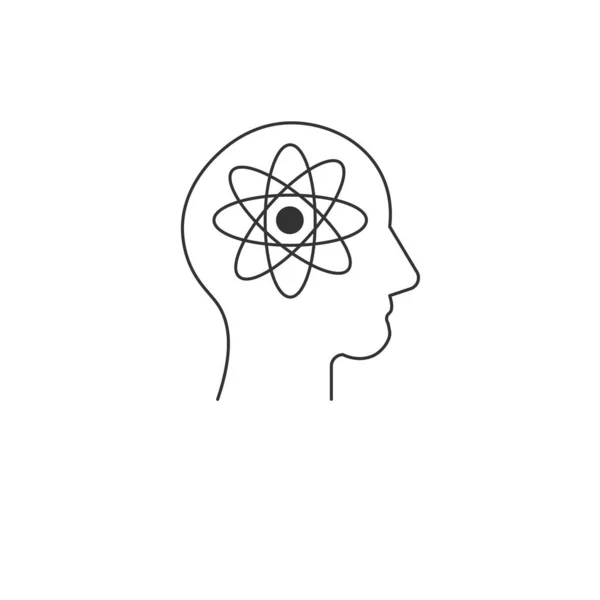 Innovation idea in human head outline vector icon illustration. Man brain with mind like an atom. Editable stroke. Stock vector illustration isolated on white background — Stockvektor