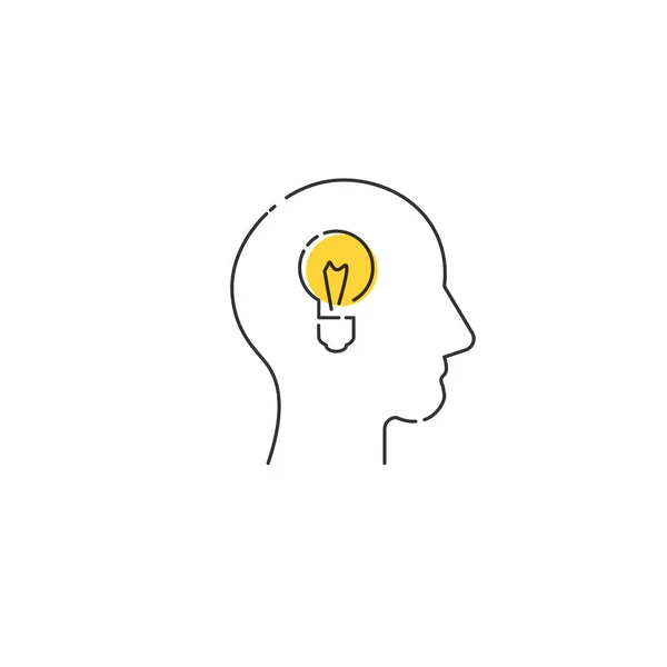 Idea head linear icon. Problem solving concept. Head and light bulb outline vector icon. Stock vector illustration isolated on white background — Stockvector
