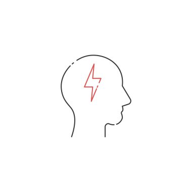 İnce çizgili yıldırımı olan doğrusal insan kafası. Dahi insan konsepti ve eureka ya da hüsran. Migren ikonu. Düzenlenebilir felç. Stok vektör illüstrasyonu beyaz arkaplanda izole edildi