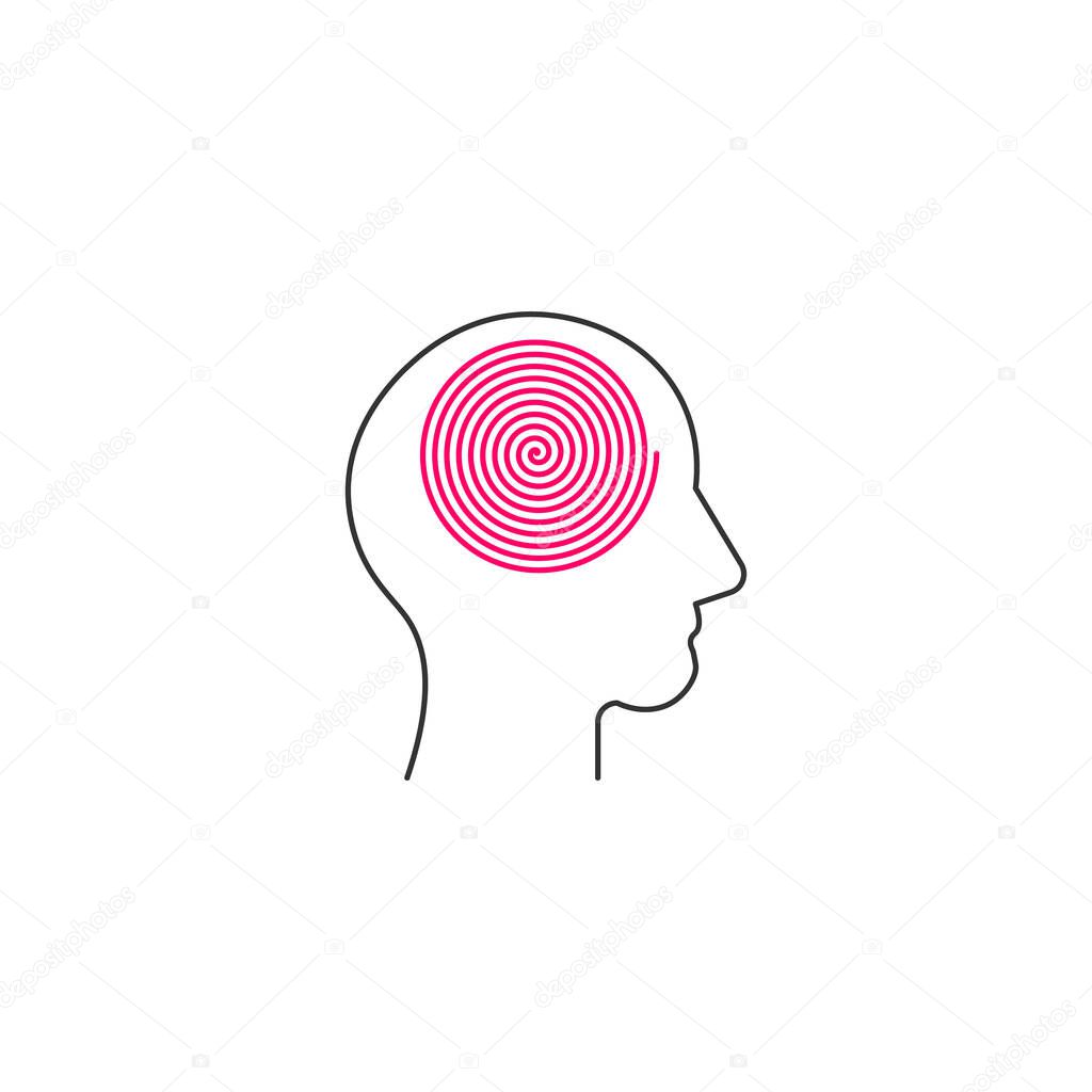 Silhouette human profile with spiral line in head, metaphor of ordered thoughts, calm mind and mental health. Editable stroke. Stock vector illustration