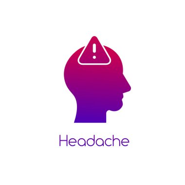 Uyarı işareti vektör simgesine sahip baş. Migren, baş ağrısı konsepti. Stres yüzünden. Zihinsel bozukluk. Stok vektör illüstrasyonu beyaz arkaplanda izole edildi