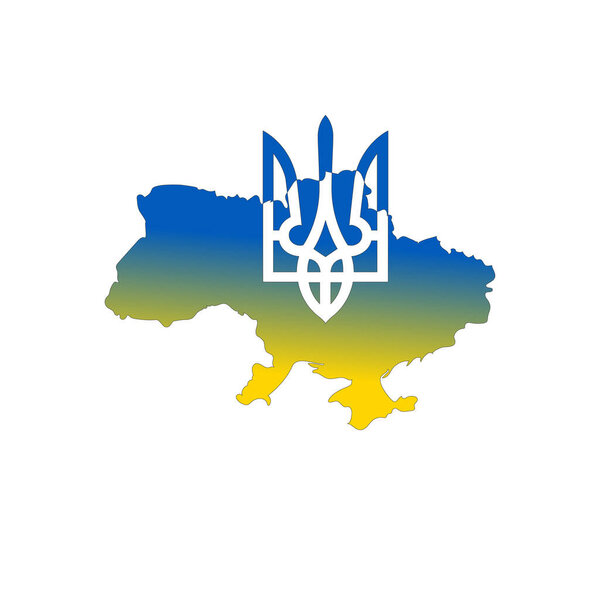 Градиентный флаг Украины с изображением векторного силуэта герба на белом фоне.