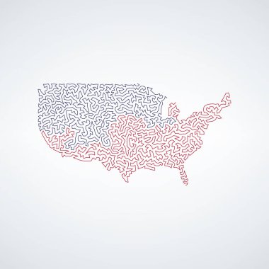 Amerika Birleşik Devletleri, labirent şebekesinin kırmızı ve mavi desenli ABD haritası. Stok vektör illüstrasyonu beyaz arkaplanda izole edildi.