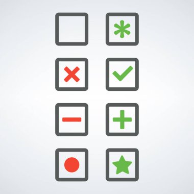 Kene ve çapraz mermi kutusu işaretleri. Kene simgeleri büyük. Bir onay etiketi. Onaylama kabul düğmeleri. Stok vektör çizimi izole edildi