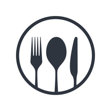 Çatal bıçak ikonu. Beyaz arka planda izole edilmiş dairede kaşık, çatal ve bıçak işareti var. Restoran menüsü sembolü. Vektör illüstrasyonu