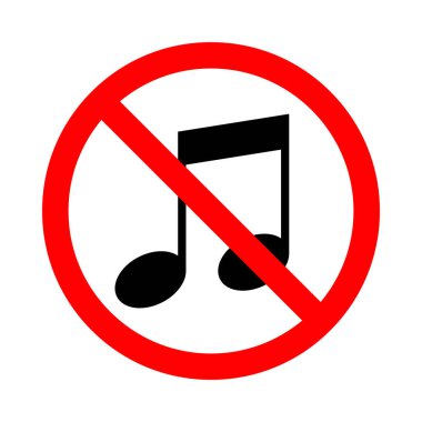Müzik yok. Müzik yasaklanmış bir ikon. Çemberdeki nota işaretinin üstünü çizdim. Sembol beyaz arkaplanda izole edildi. Vektör illüstrasyonu