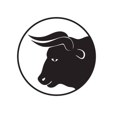 Boğa başlı grafik ikonu. Beyaz arka planda izole edilmiş çemberdeki öküz işareti. Boğa sembolü Vektör illüstrasyonu