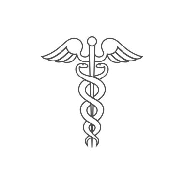 Caduceus modern iz. Tıp sembolü. Hermes değnek kanatları ve iki çapraz yılan. Beyaz bir arka plan üzerinde izole simgesi. Vektör çizim