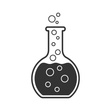 Flask grafik ikonu. Beyaz arka planda izole edilmiş laboratuvar matarası işareti. Bilim sembolü ve kimyasal araştırma. Vektör illüstrasyonu