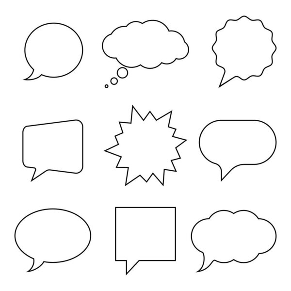 Speech bubbles graphic icons set. Signs blank balloons for thoughts isolated on white background. Empty clouds of dialog. Clouds for text. Vector illustration