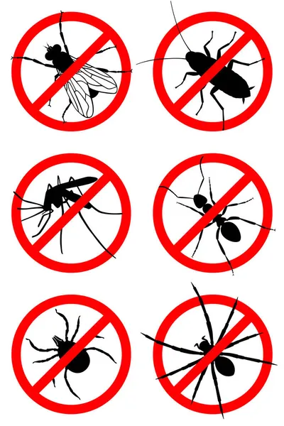 Conjunto Iconos Prohibidos Para Insectos Conjunto Símbolos Mosquitos Moscas Cucarachas — Vector de stock