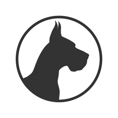 Köpek grafik ikonu. Çemberdeki büyük Danimarka işareti beyaz arka planda izole edilmiş. Köpek yetiştirme sembolü. Vektör illüstrasyonu