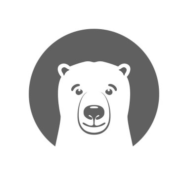 Kutup ayısı grafik simgesi. Beyaz arka planda izole edilmiş çemberdeki kutup ayısı başı işareti. Beyaz ayı sembolü. Vektör illüstrasyonu