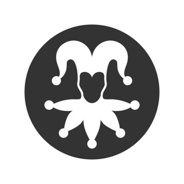 Joker grafik simgesi. Beyaz arka planda izole edilmiş çemberdeki soytarı şapkası işareti. Soytarı sembolü. Vektör illüstrasyonu 