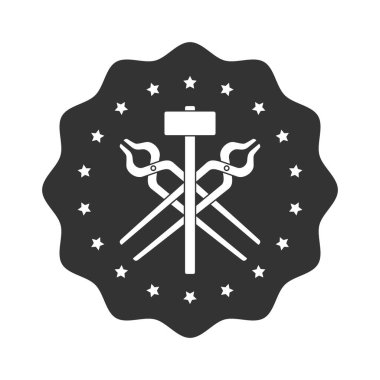 Demirci dükkânı grafik tabelası. Demirci sembolü. Kalpazanlık aletleriyle damgalayın. Beyaz arka planda izole edilmiş işaret. Vektör illüstrasyonu