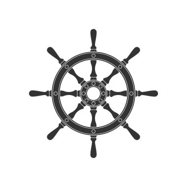 Dümen tekeri grafik simgesi. Direksiyon işareti beyaz arka planda izole edilmiş. Vektör illüstrasyonu