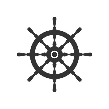 Dümen tekeri grafik simgesi. Direksiyon işareti beyaz arka planda izole edilmiş. Vektör illüstrasyonu